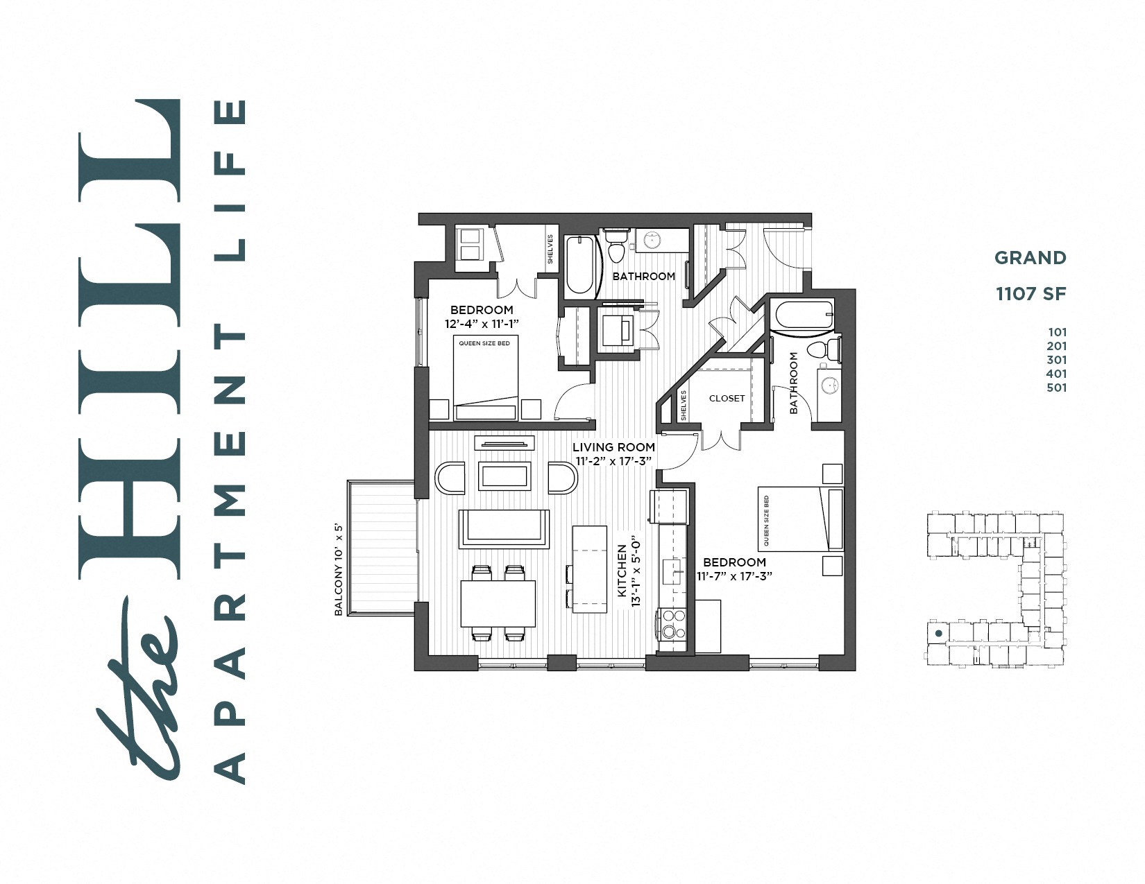 Floor plan for 2 beds, 2 baths, 1108 sqft